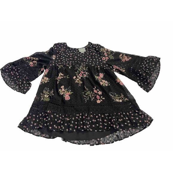 MAEVE Anthropologie BLACK & FLORAL Boho Sheer Lace Eyelet TOP Ruffle - M - Picture 3 of 5